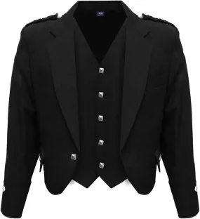 Scottish Black Argyll Kilt Jacket With Vest 15 Oz Finest Barathea Wool Fabric With Vest Gauntlet Style Cuffs