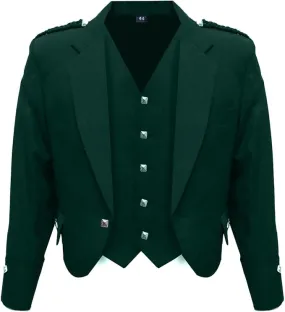 Scottish Dark Green Argyll Kilt Jacket With Vest 15 Oz Finest Barathea Wool Fabric With Vest Gauntlet Style Cuffs
