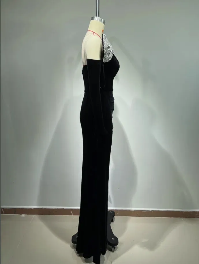 Selene Strapless Silver Embellished Side Sit Maxi Dress