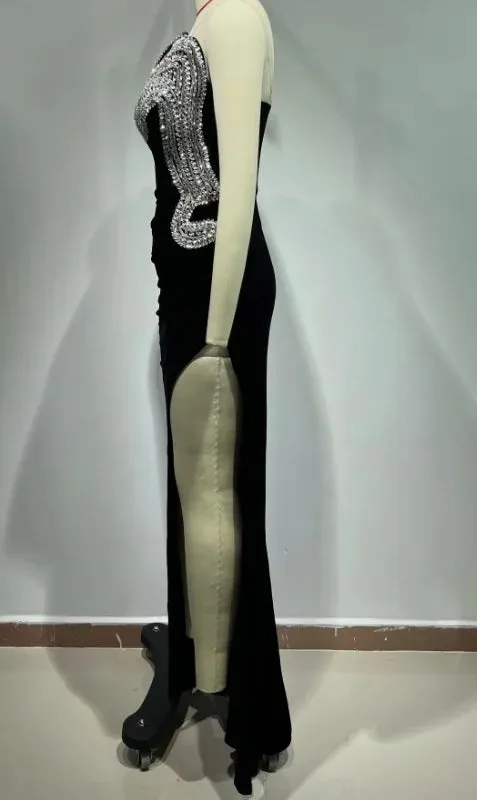 Selene Strapless Silver Embellished Side Sit Maxi Dress