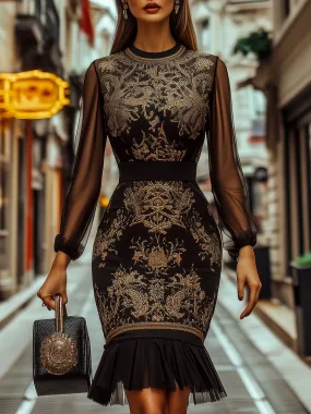 Sheer Sleeve Baroque Pattern Mermaid Bodycon Dress