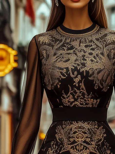 Sheer Sleeve Baroque Pattern Mermaid Bodycon Dress
