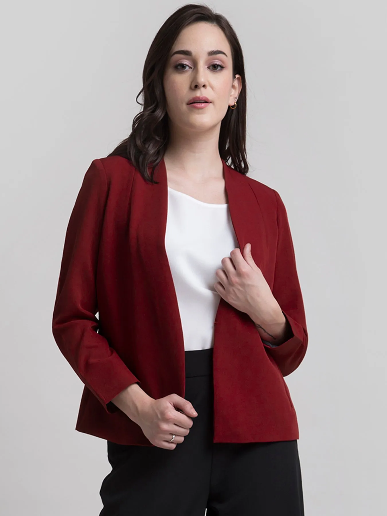 Stylish Jacket With Hook Closure - Dark Red
