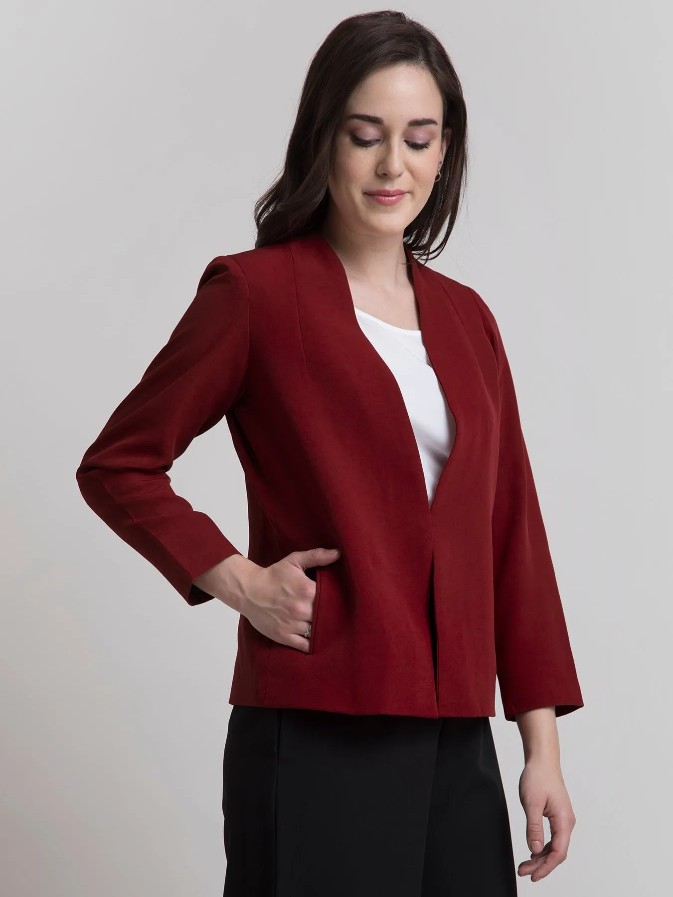 Stylish Jacket With Hook Closure - Dark Red